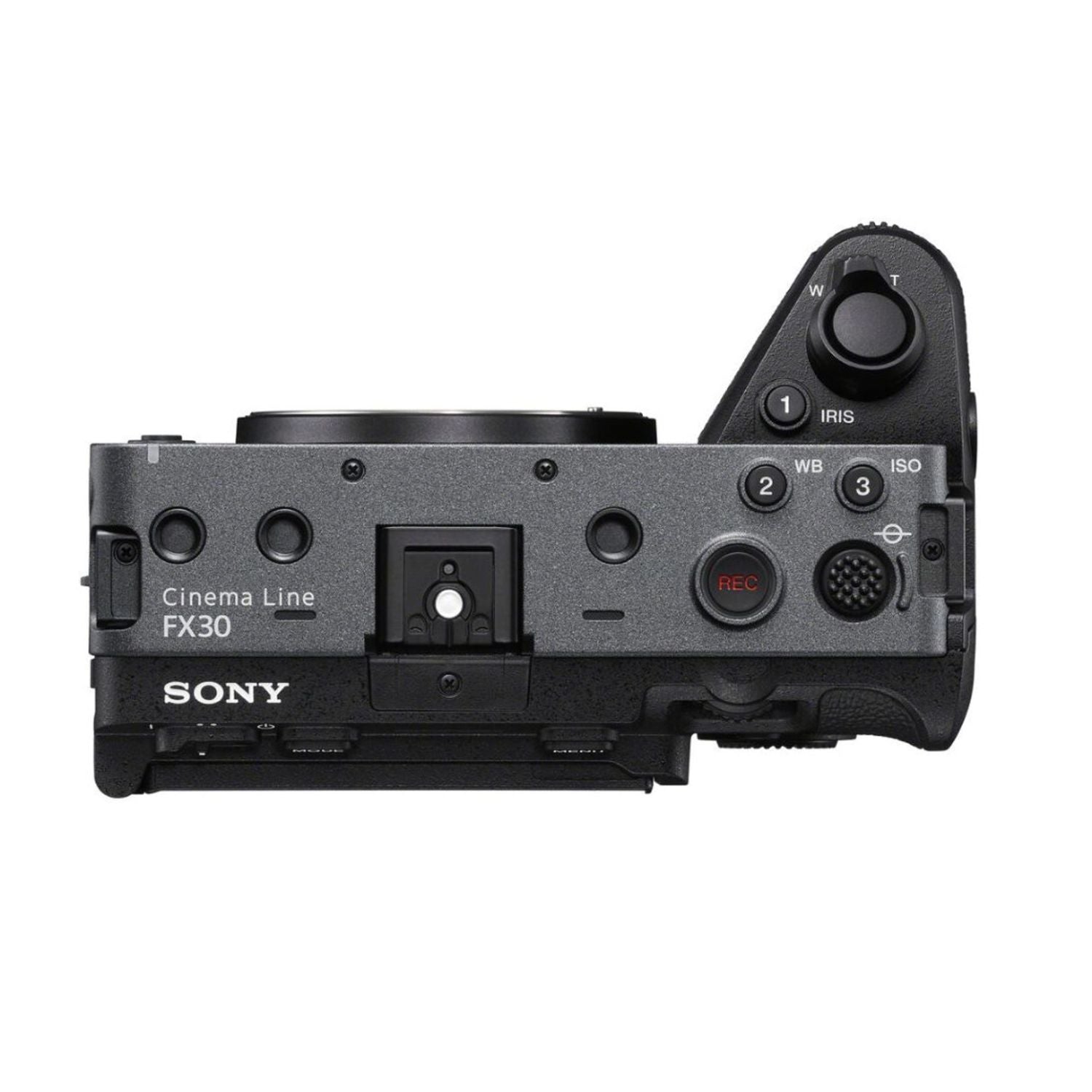 Sony FX30 Digital Cinema Camera – Seitenansicht mit Cinema Line FX30 Aufdruck und REC