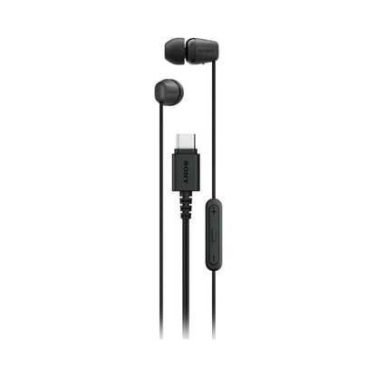 Black IER-EX15C wired in-ear headphones with USB‑C cable and inline remote