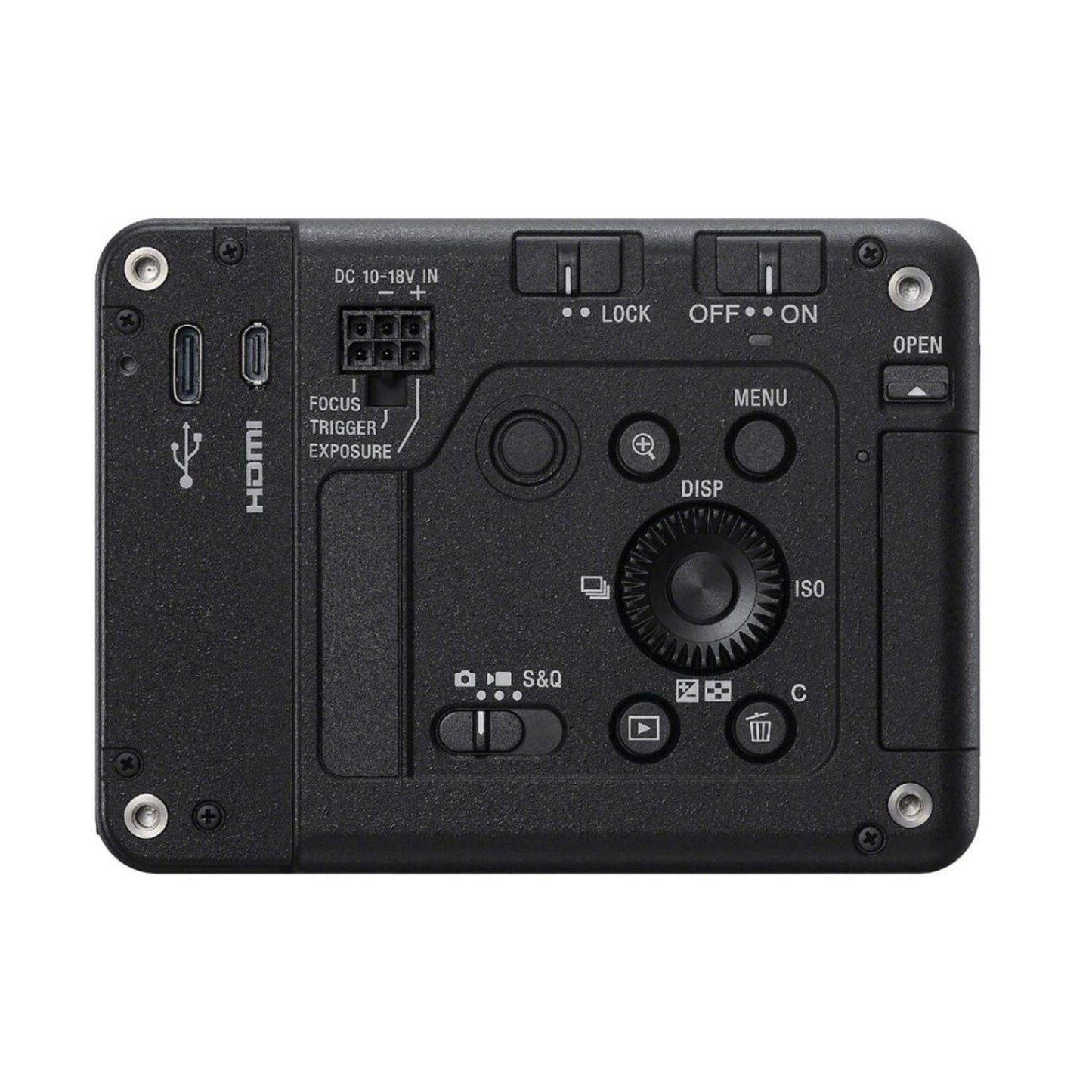 ILX-LR1 industrial camera rear panel with focus trigger, menu dial, HDMI port