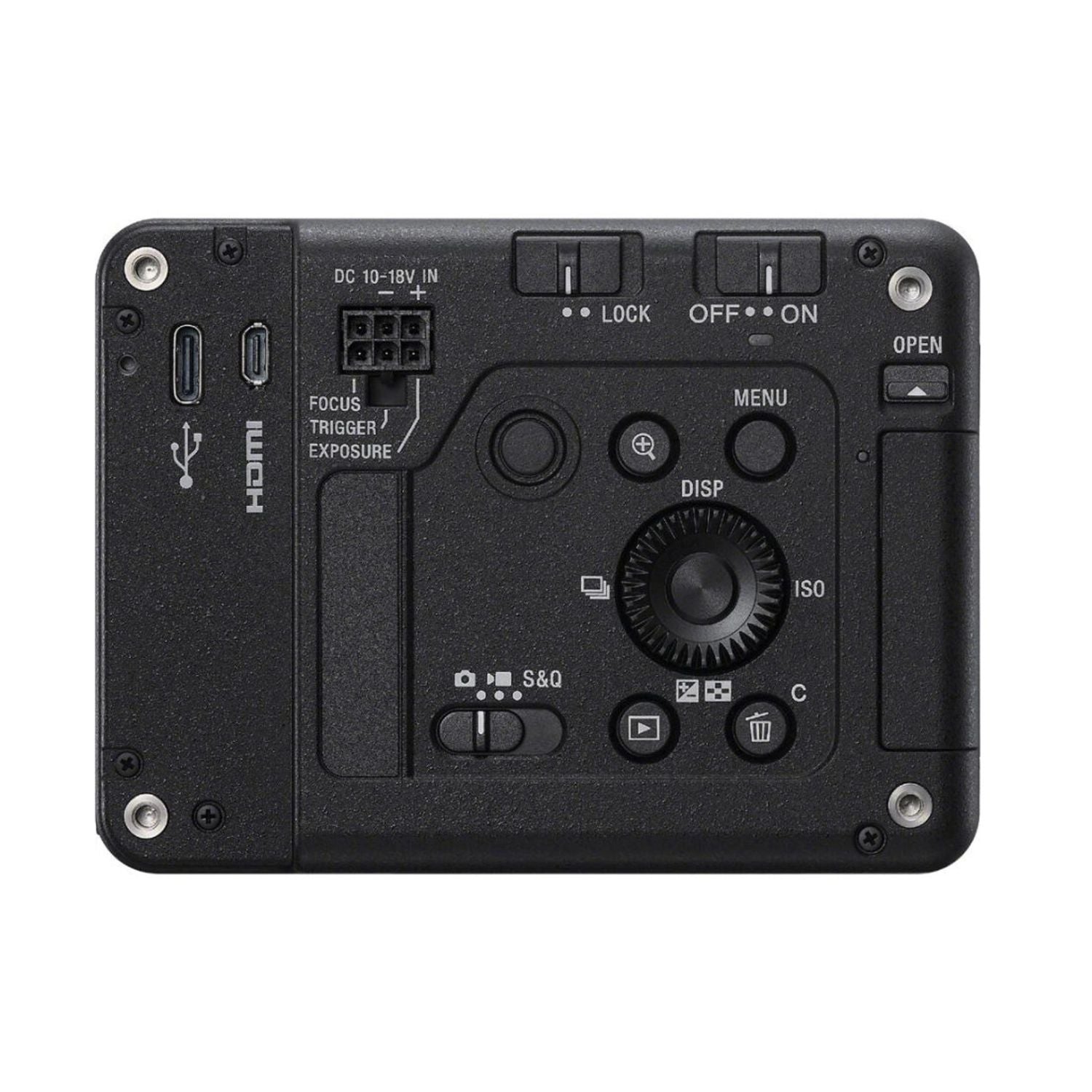 ILX-LR1 industrial camera rear panel with focus trigger, menu dial, HDMI port