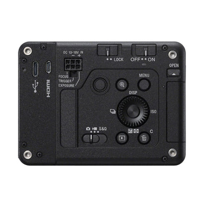 ILX-LR1 industrial camera rear panel with focus trigger, menu dial, HDMI port