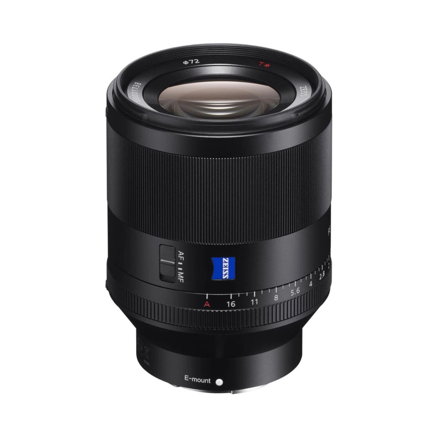 Black Sony FE 50mm f/1.4 lens front with ridged grip and aperture scale, E-mount