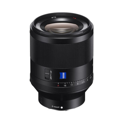 Black Sony FE 50mm f/1.4 lens front with ridged grip and aperture scale, E-mount