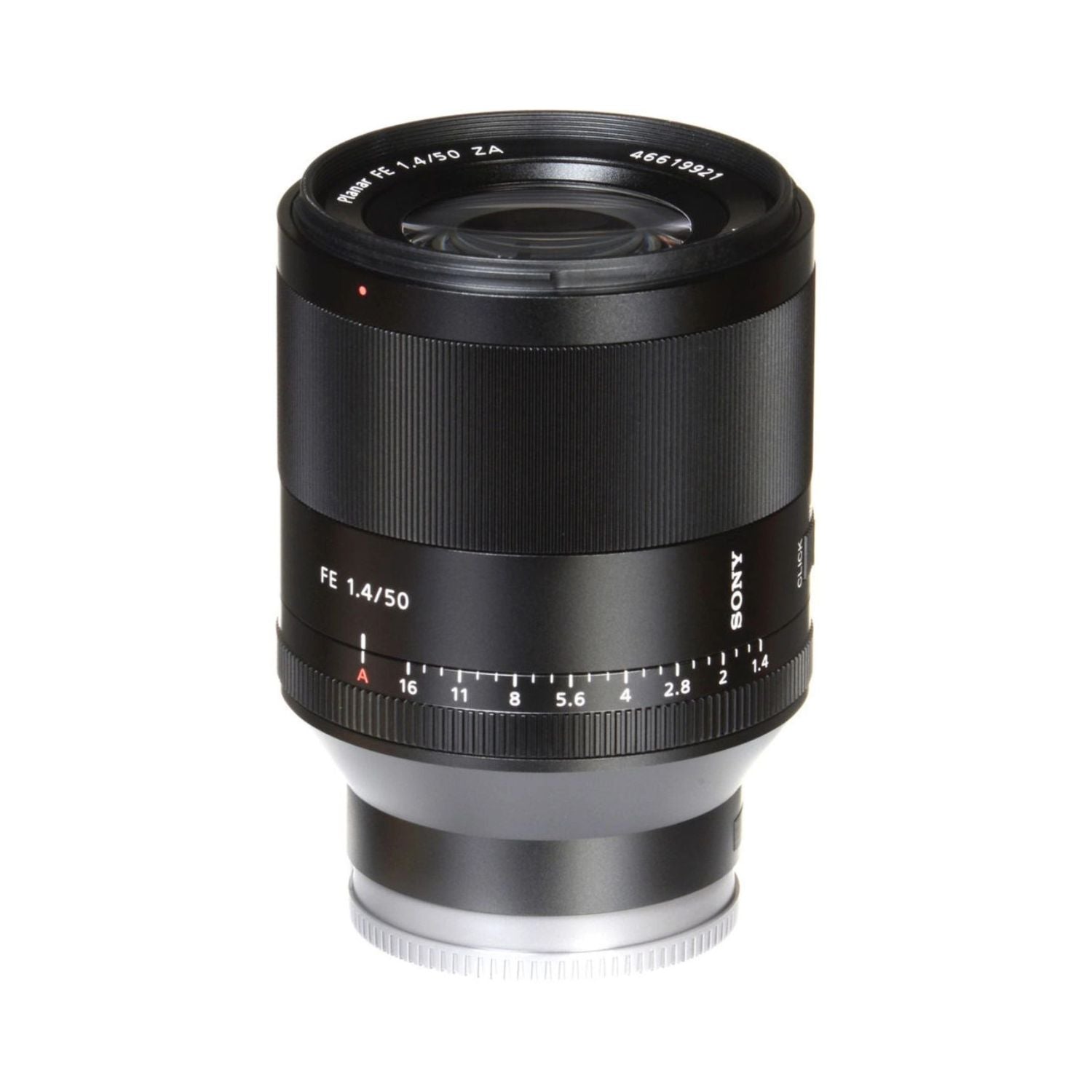 Black FE 50mm f/1.4 lens with ridged ring and distance scale markings around barrel