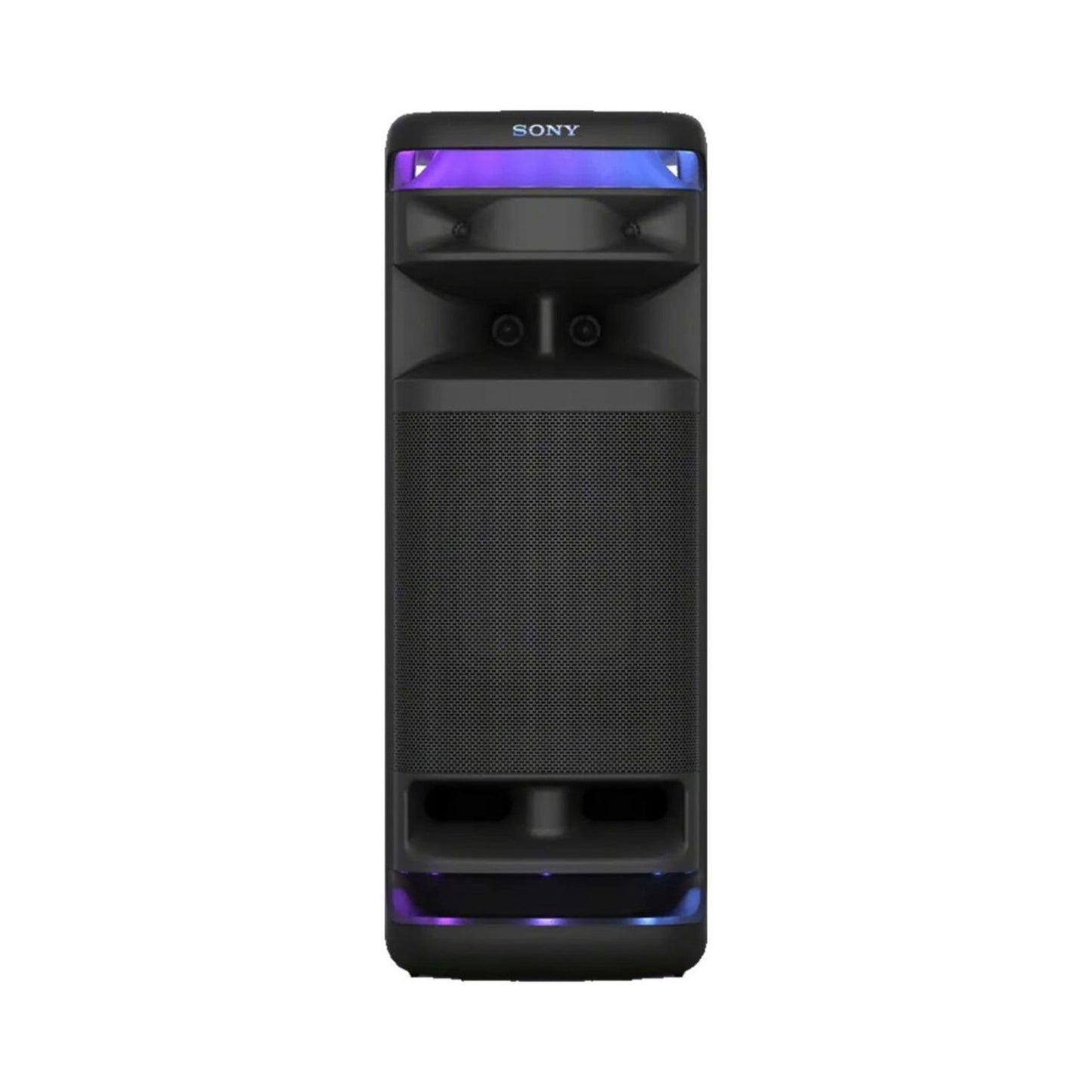 Sony ULT Tower party speaker, black with front grille and purple LED glow