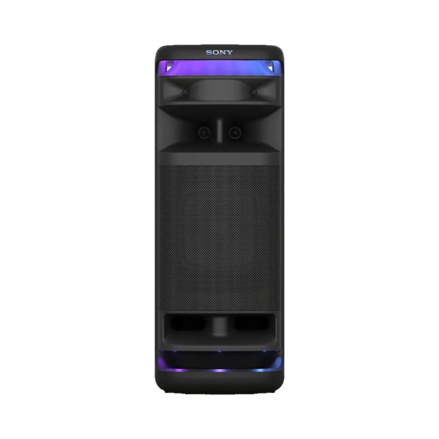 Sony ULT Tower party speaker, black with front grille and purple LED glow