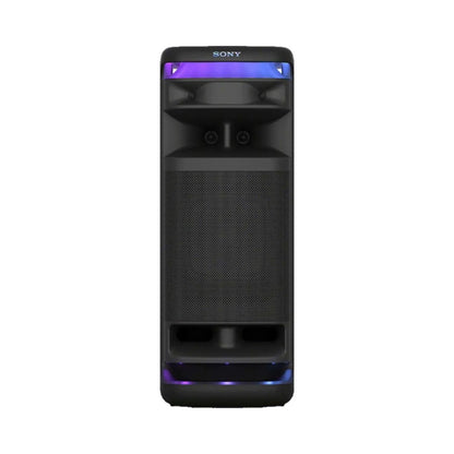 Sony ULT Tower party speaker, black with front grille and purple LED glow