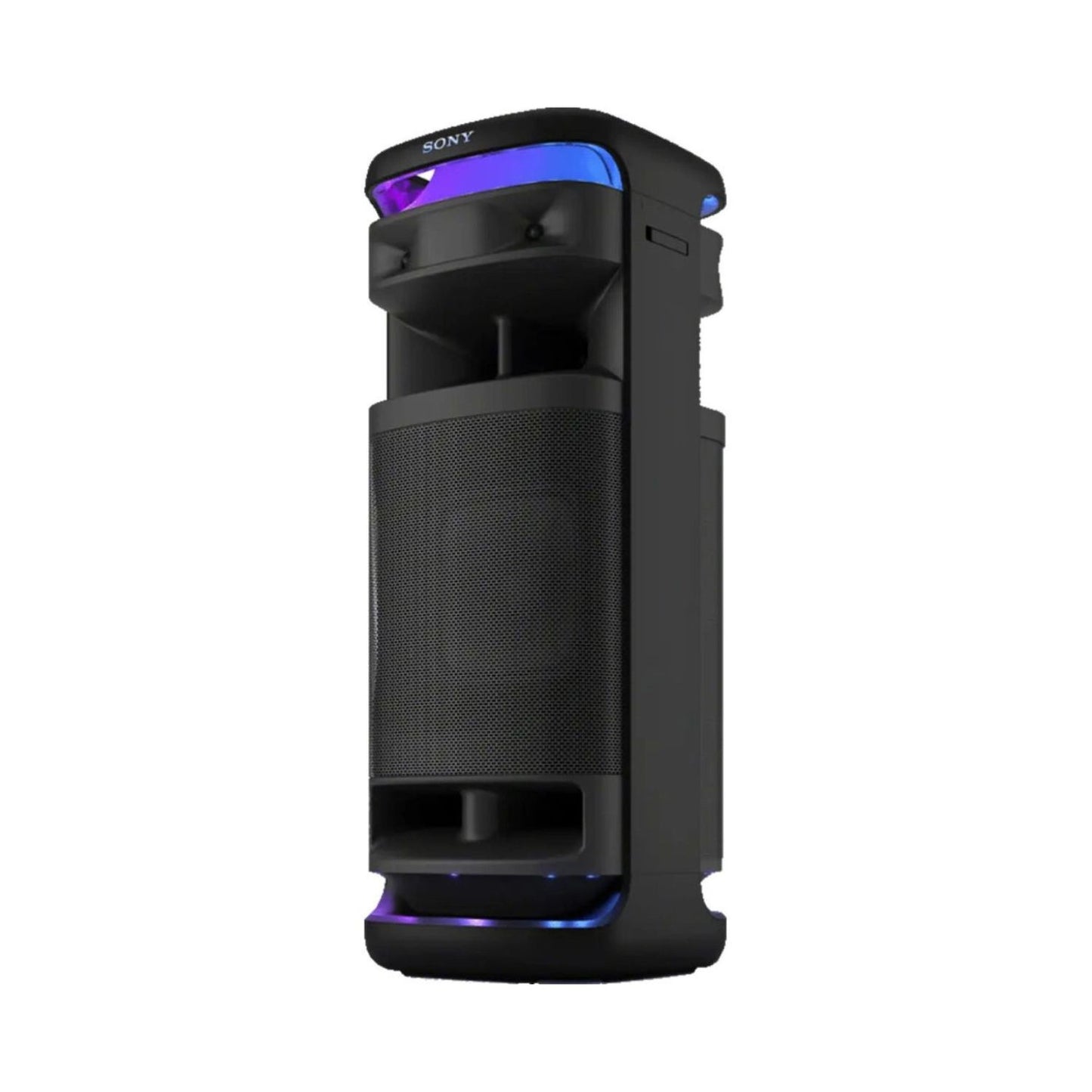 Black ULT Tower speaker with side ports and purple LED ring on base