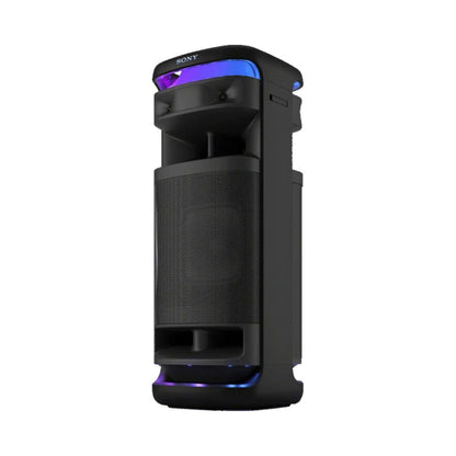 Black ULT Tower speaker with side ports and purple LED ring on base