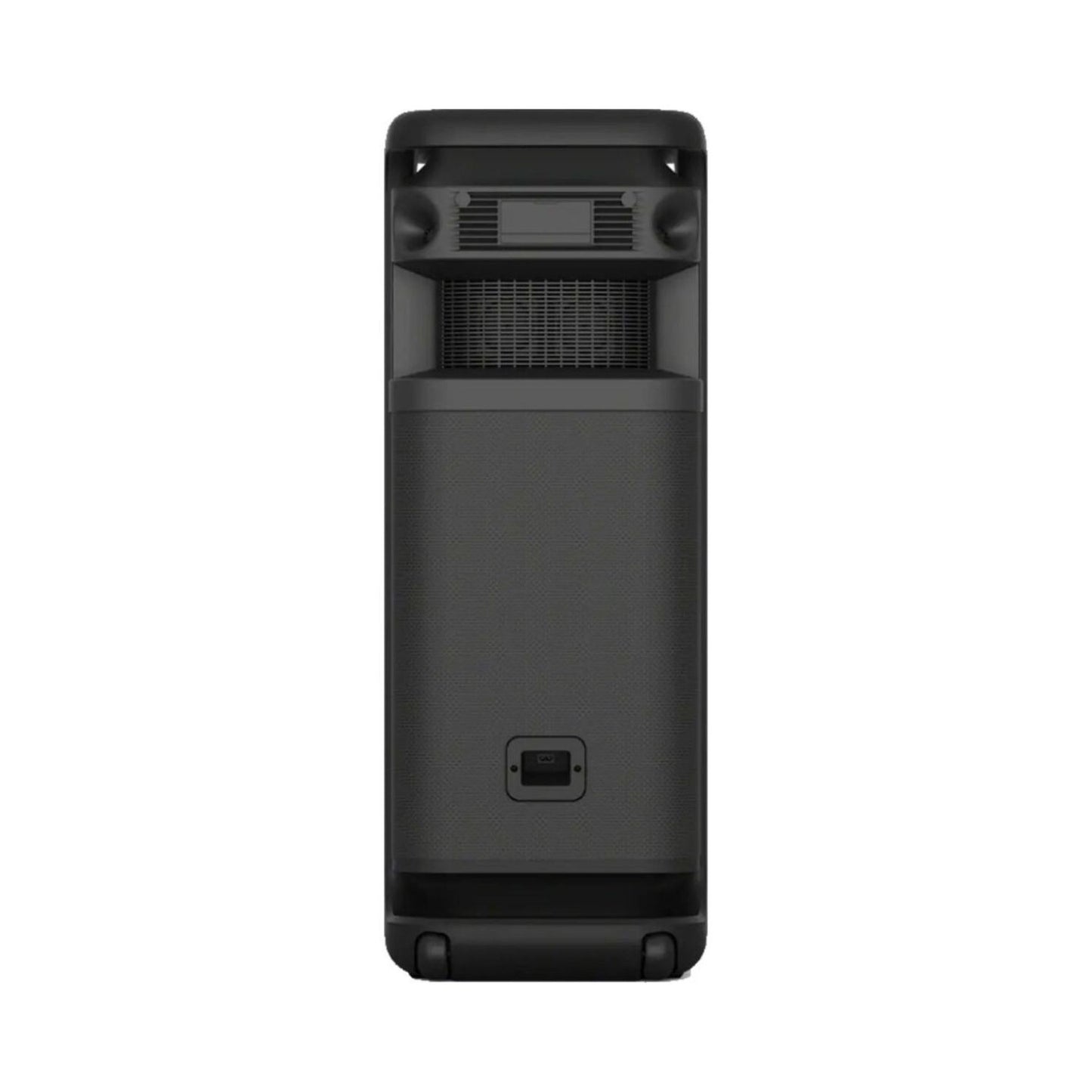 Back view of black portable tower party speaker with power input panel