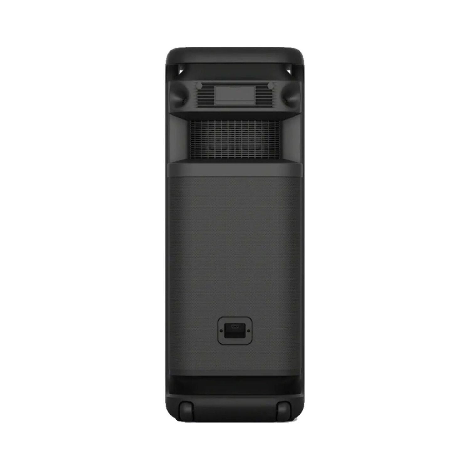 Back view of black portable tower party speaker with power input panel