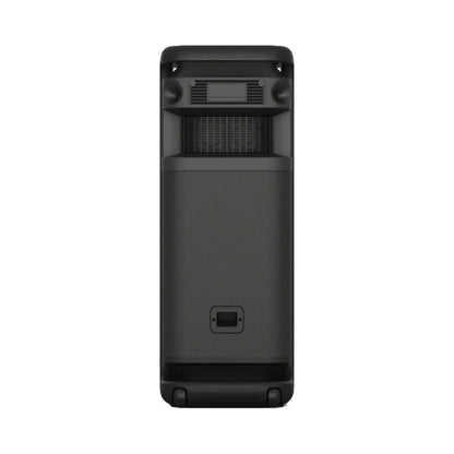 Back view of black portable tower party speaker with power input panel