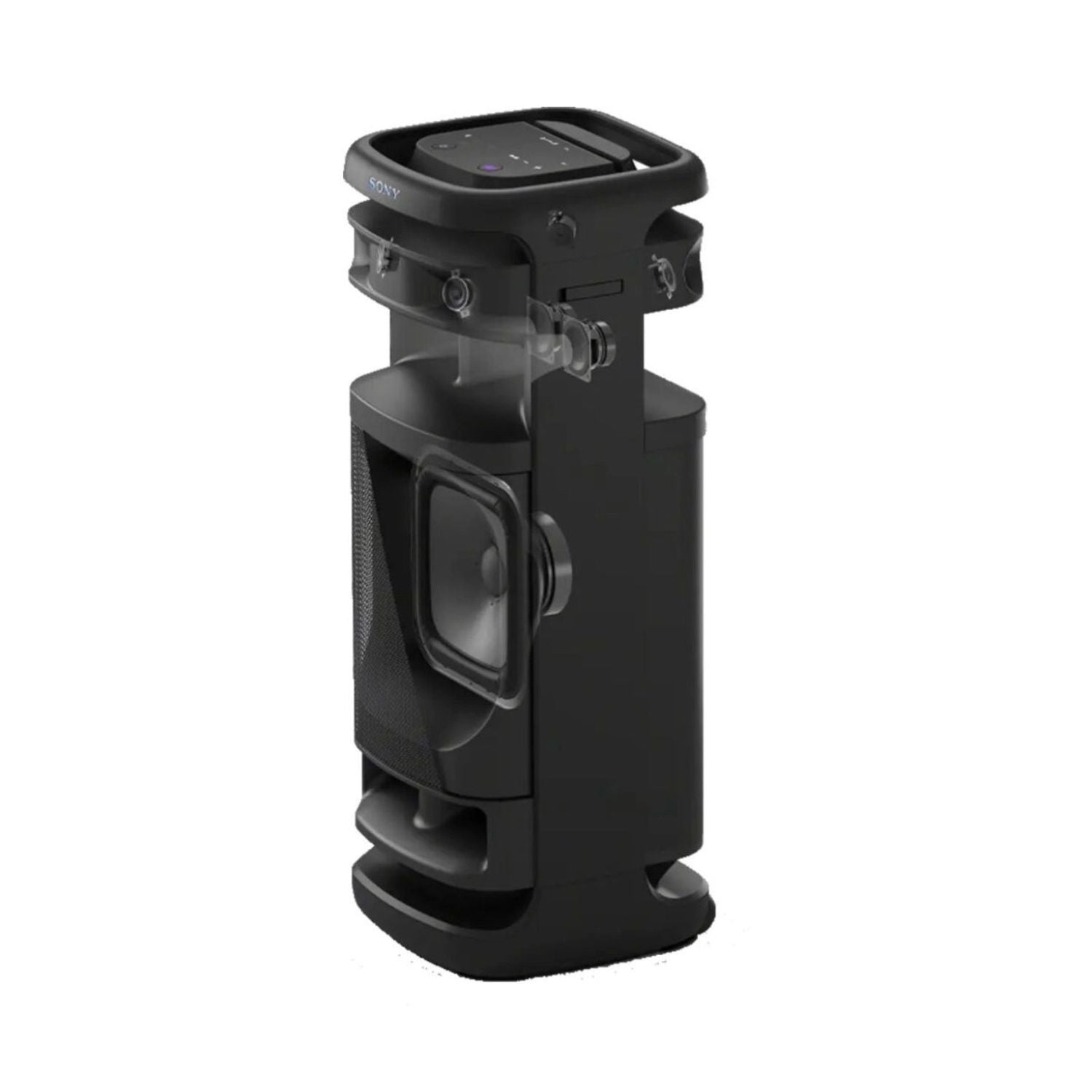 Black tower speaker with top control area and side handle details