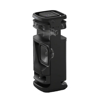 Black tower speaker with top control area and side handle details
