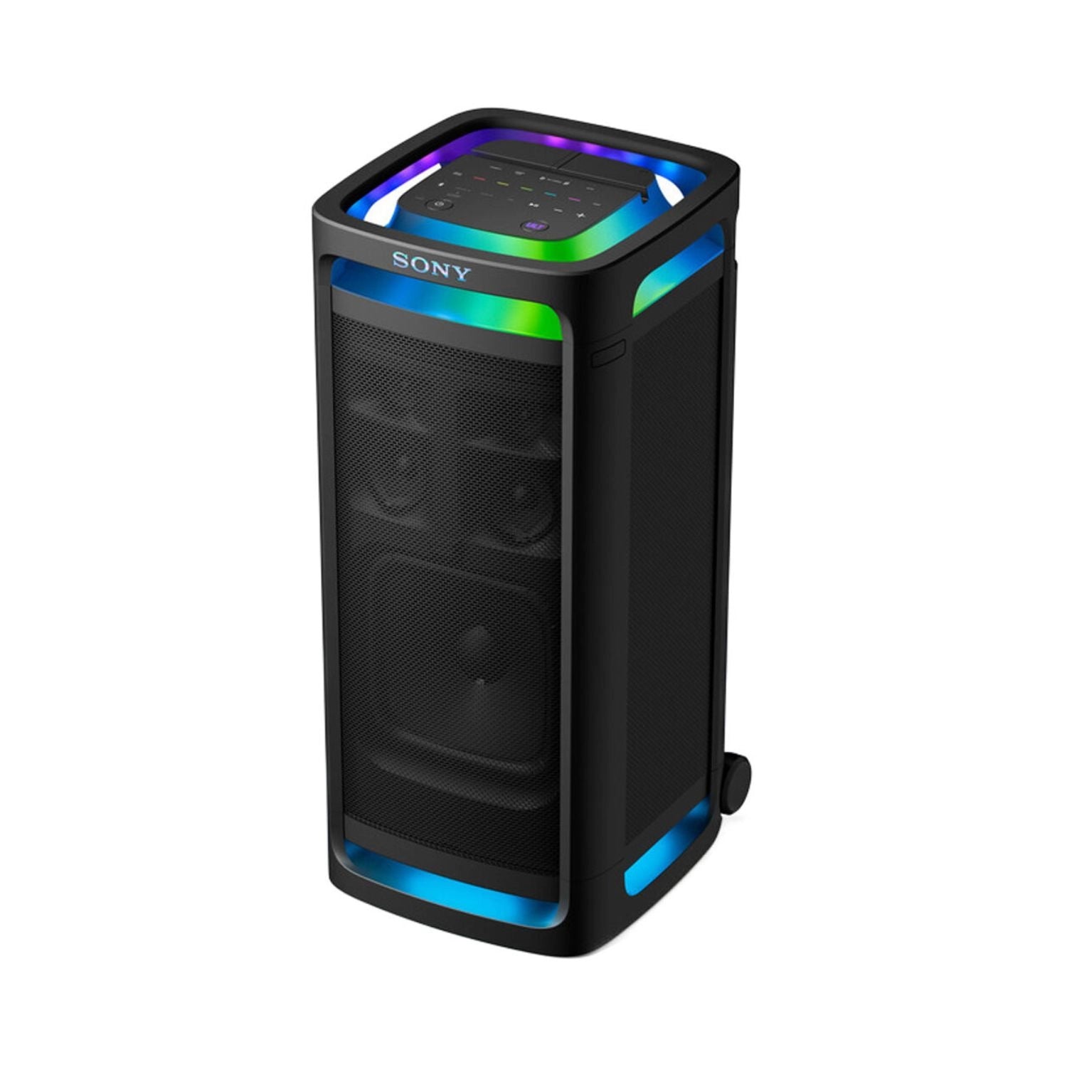 Black tower party speaker with multicolor top light ring and side RGB light strips
