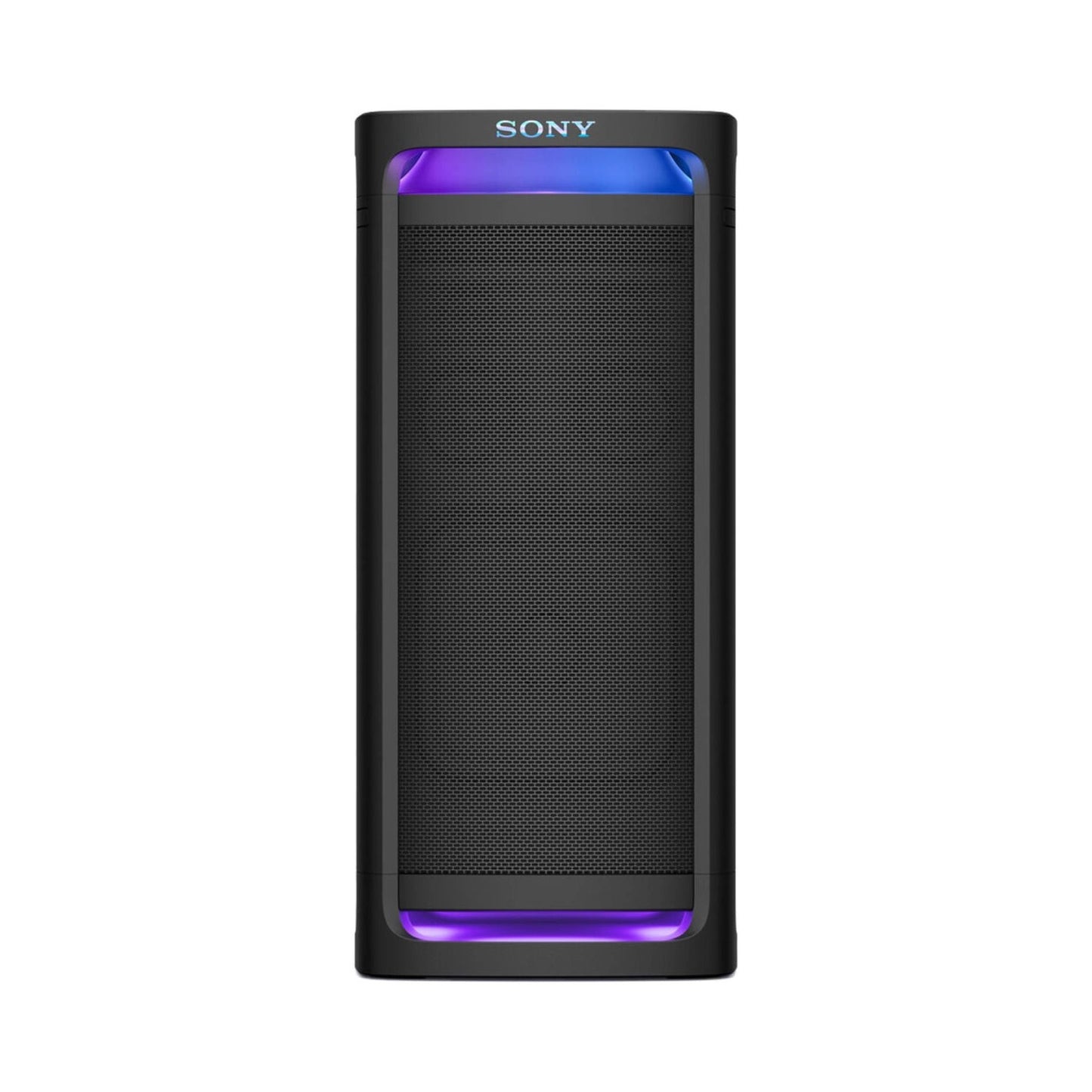 Sony SRS-ULT900 party speaker, black tower with front grille and purple light bar