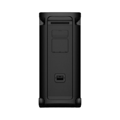Black tower party speaker back view with port panel, handle, and base feet