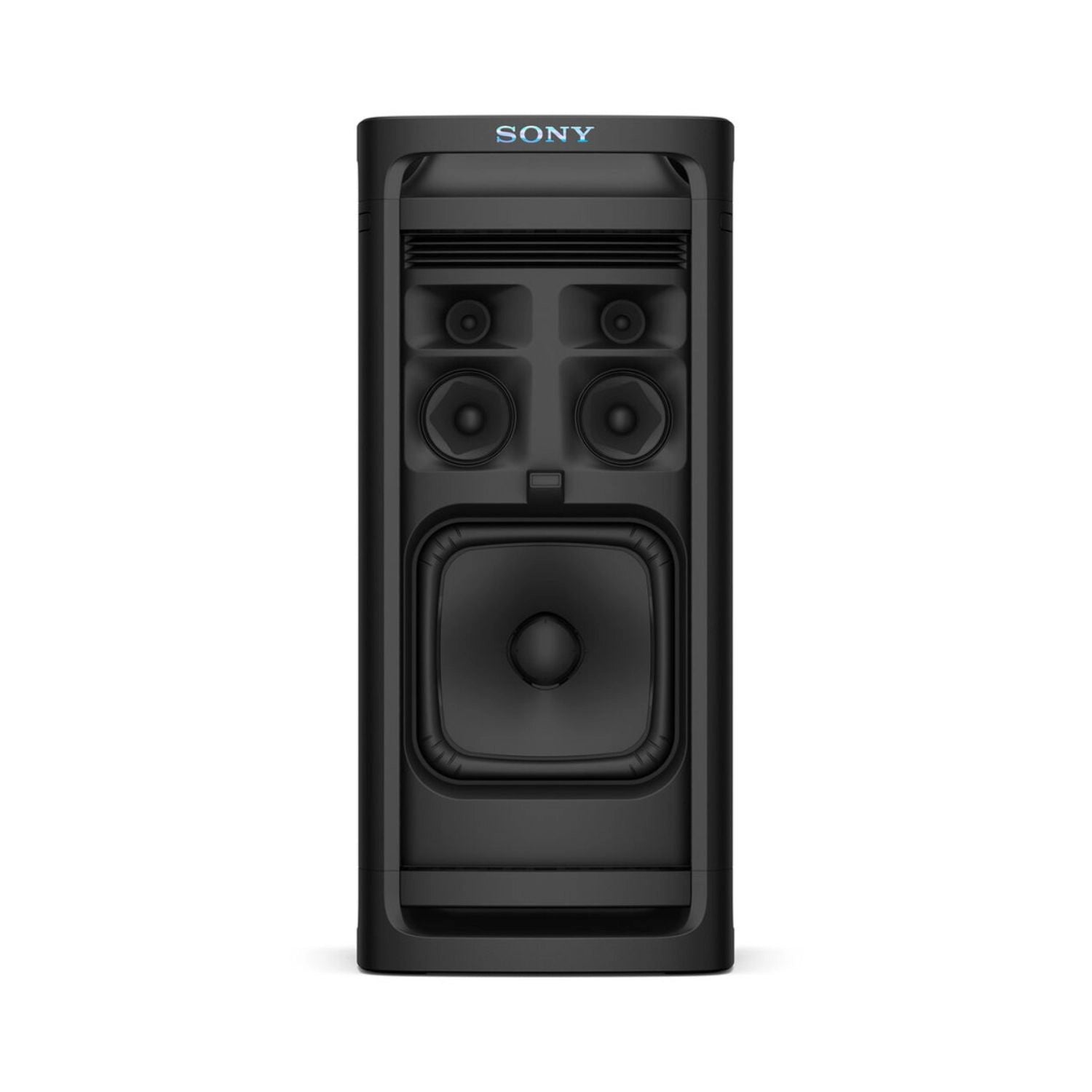 Black tower party speaker front view with driver array and glowing control LEDs
