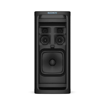 Black tower party speaker front view with driver array and glowing control LEDs