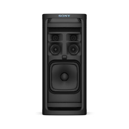 Black tower party speaker front view with driver array and glowing control LEDs