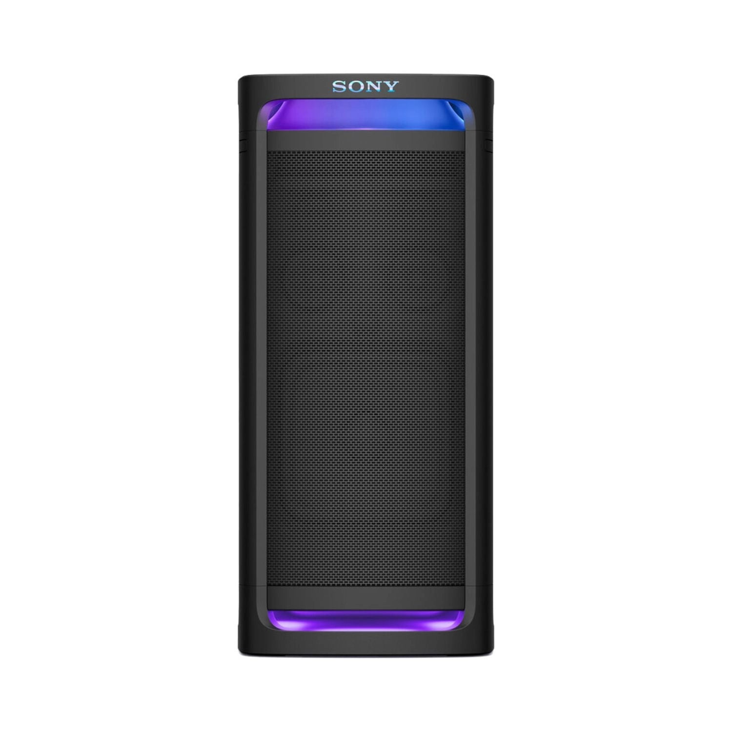 Sony 9AC party tower speaker, black front grille with blue/purple LED strip