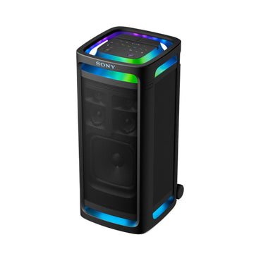 Black portable tower party speaker with multicolor LED ring and side handle