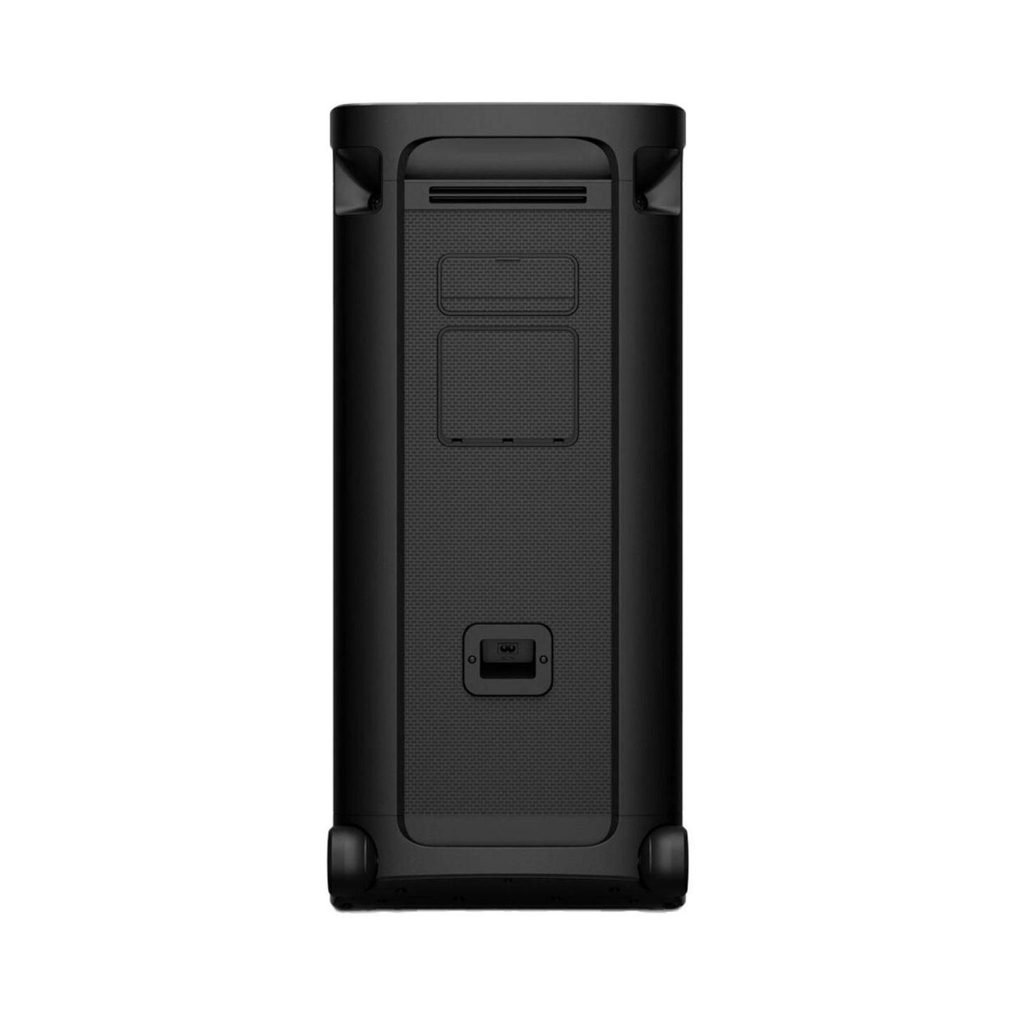 Back view of black tower speaker with rear panel and rubber feet