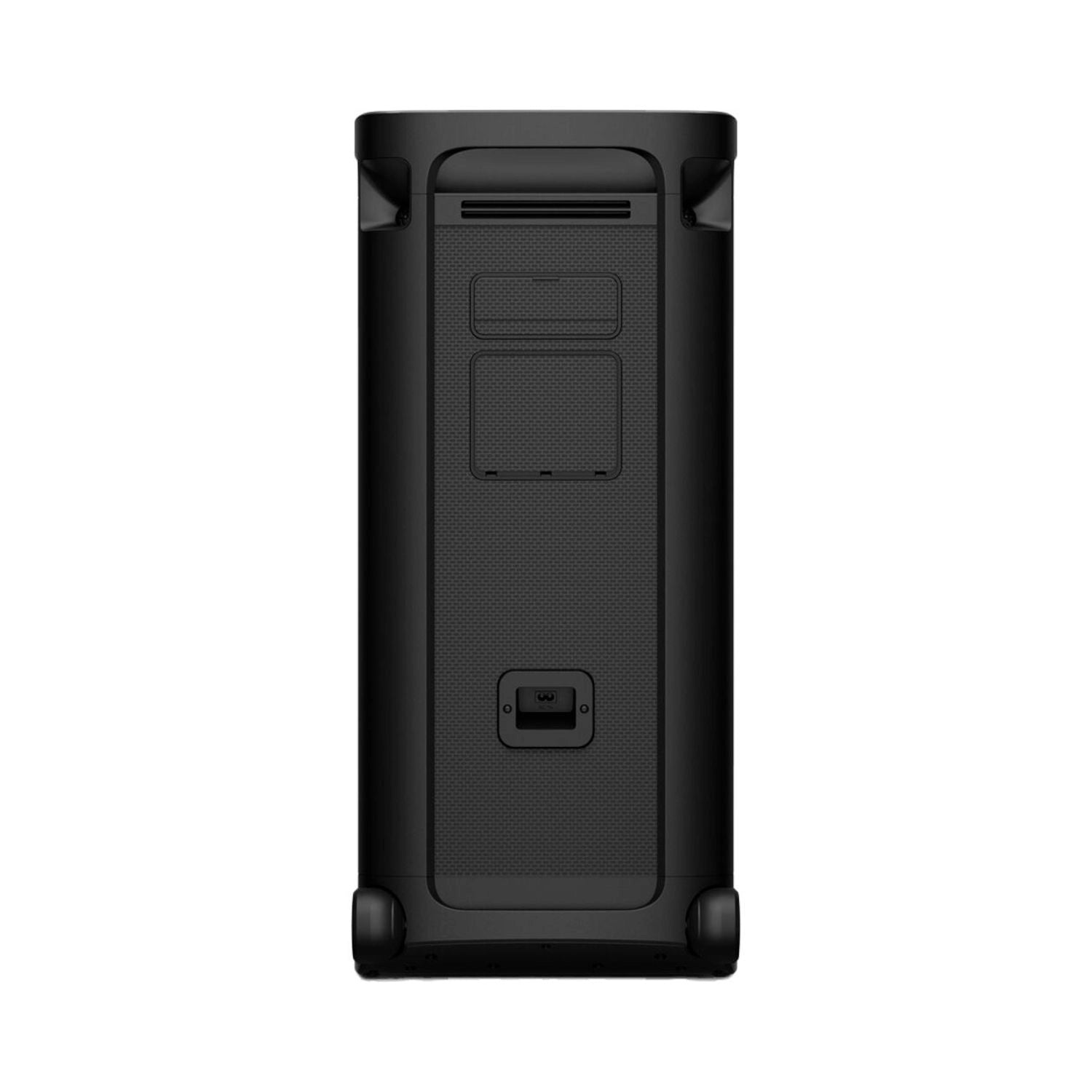 Back view of black tower speaker with rear panel and rubber feet