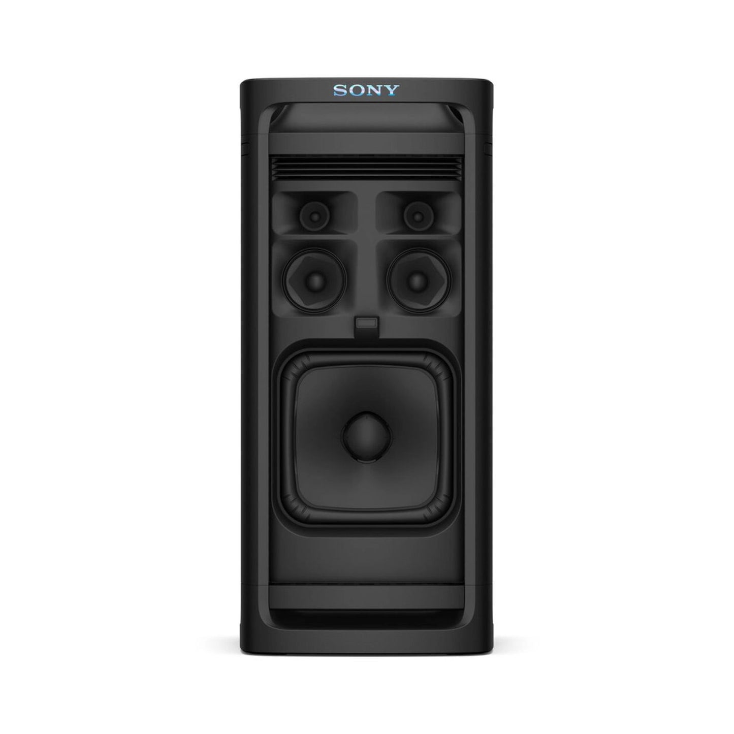 Tower party speaker front drivers: woofers and tweeters behind grille