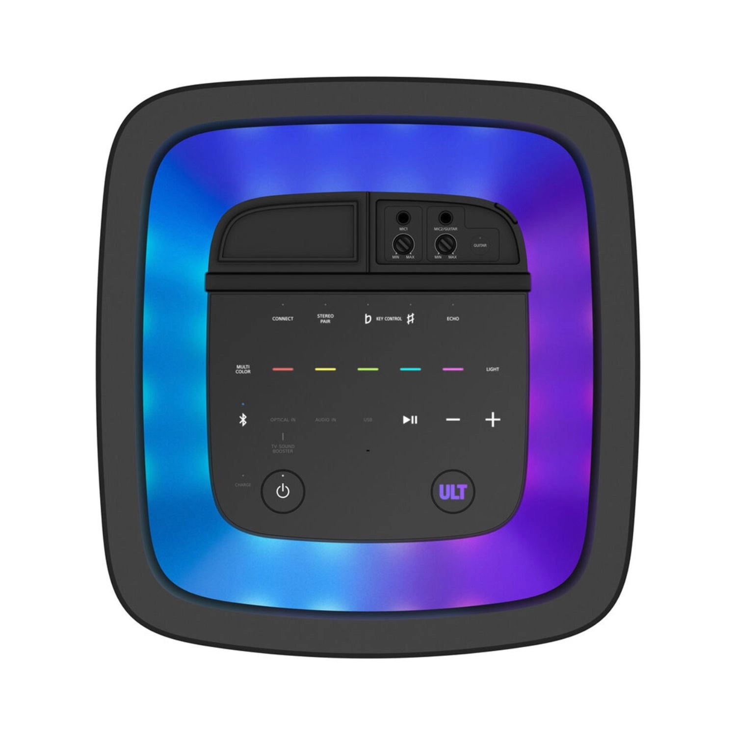Top control panel of black tower speaker with buttons and LED indicator lights