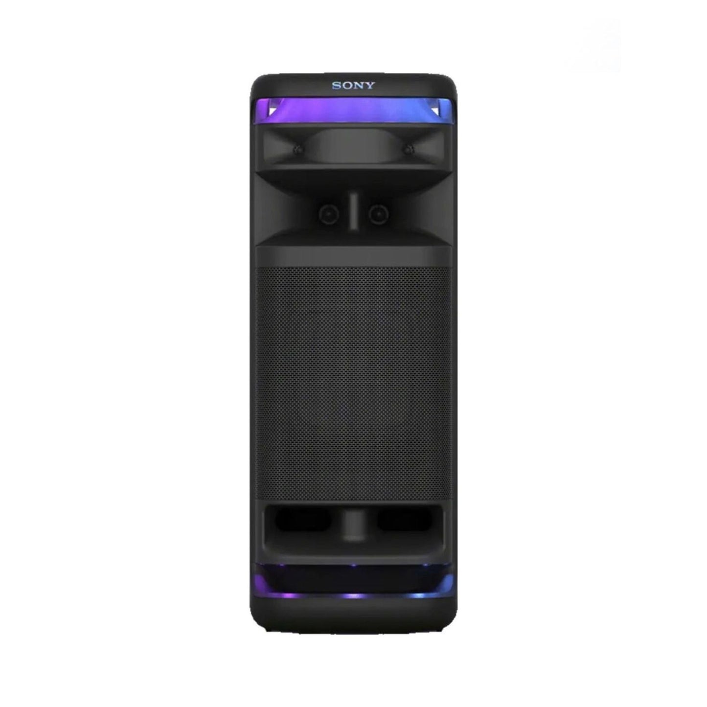 Sony ULT Tower 10 wireless party speaker, black front grille and purple LED lights