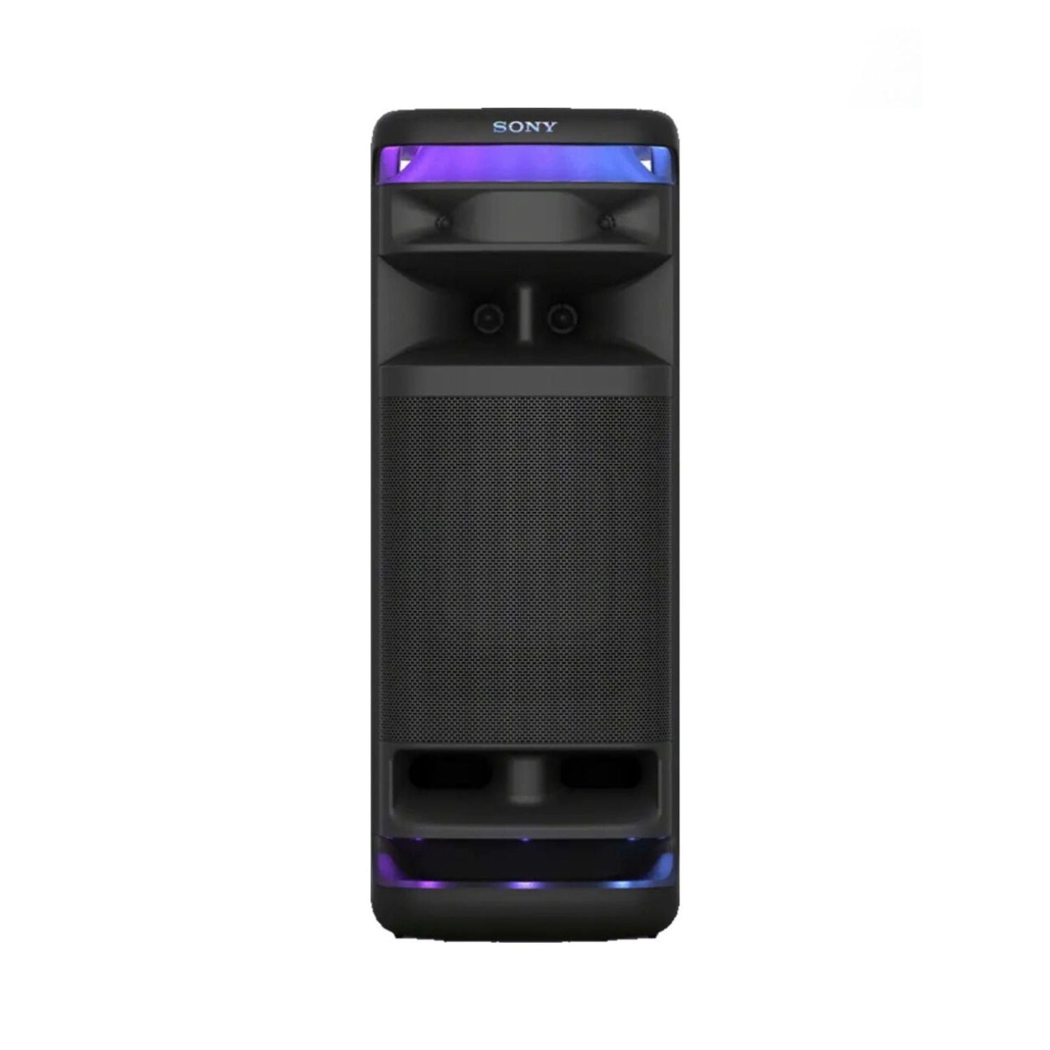 Sony ULT Tower 10 wireless party speaker, black front grille and purple LED lights