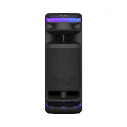 Sony ULT Tower 10 wireless party speaker, black front grille and purple LED lights