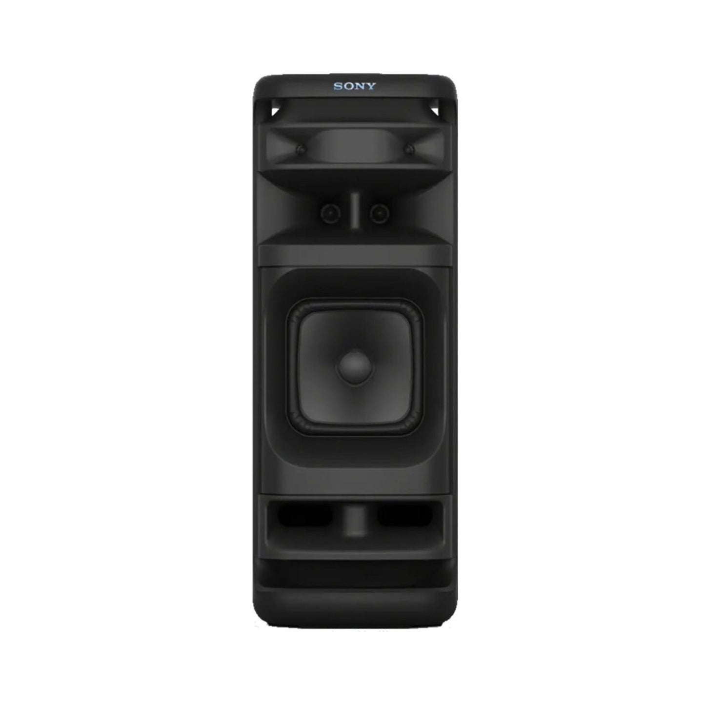 Black wireless speaker front with large woofer and side buttons, purple accent lights