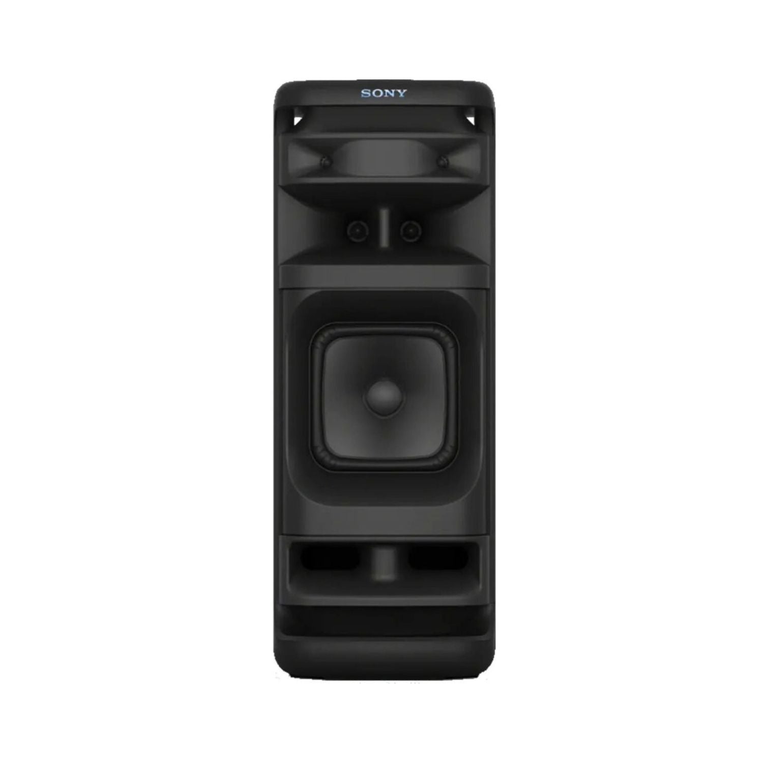 Black wireless speaker front with large woofer and side buttons, purple accent lights