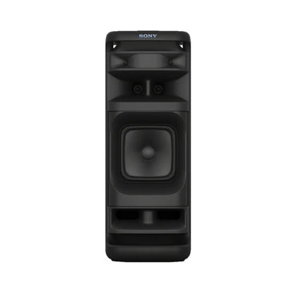 Black wireless speaker front with large woofer and side buttons, purple accent lights