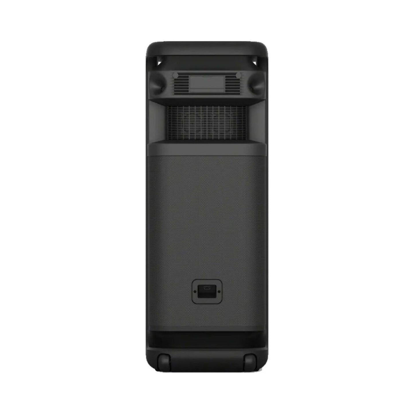 Back view of black wireless party speaker with power/port panel and carry feet