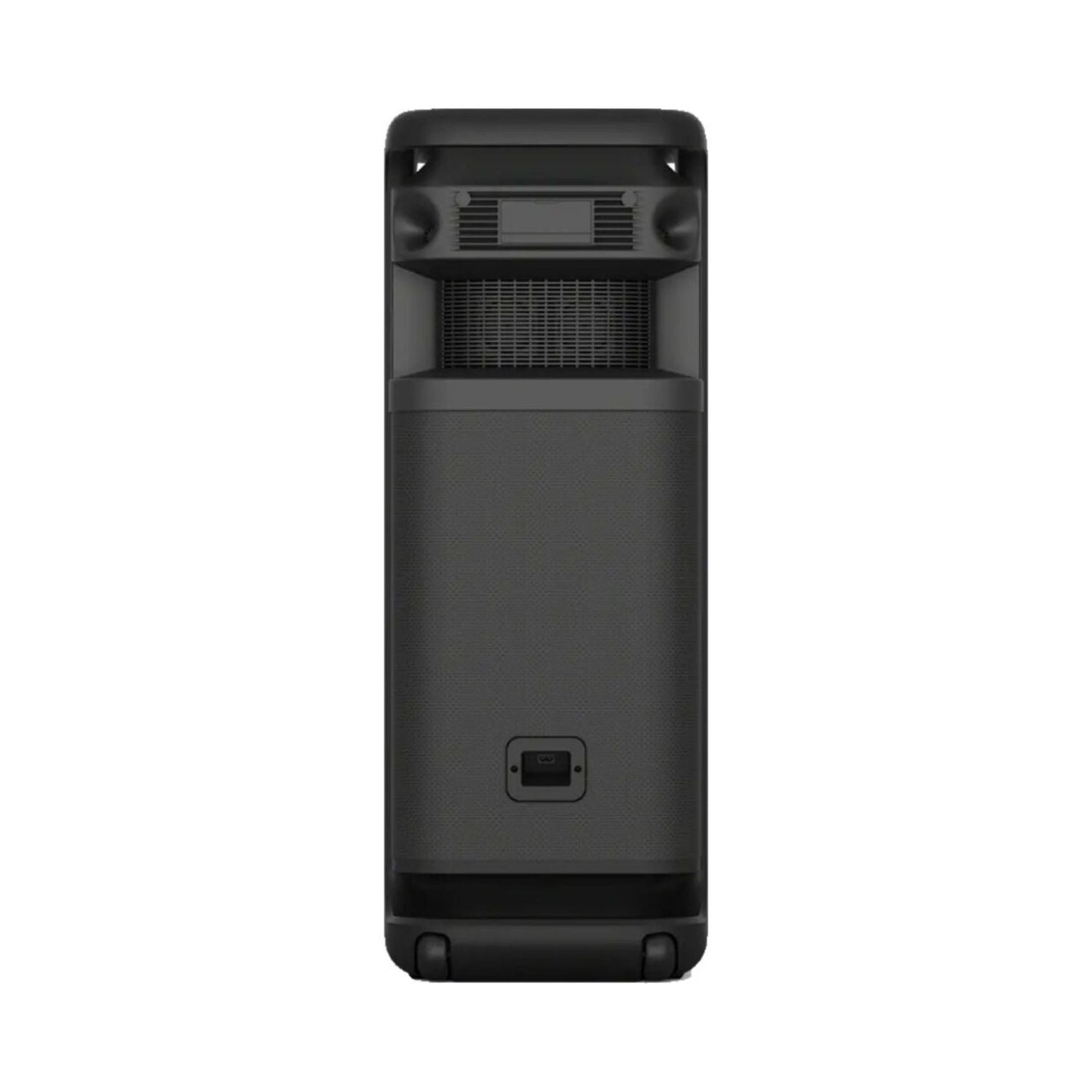 Back view of black wireless party speaker with power/port panel and carry feet