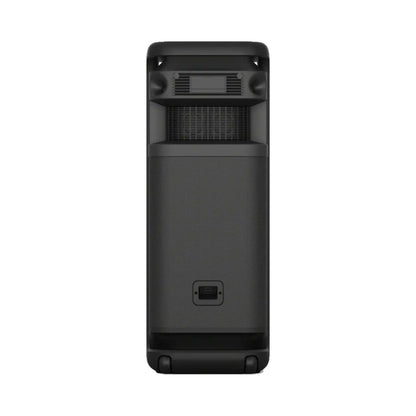 Back view of black wireless party speaker with power/port panel and carry feet
