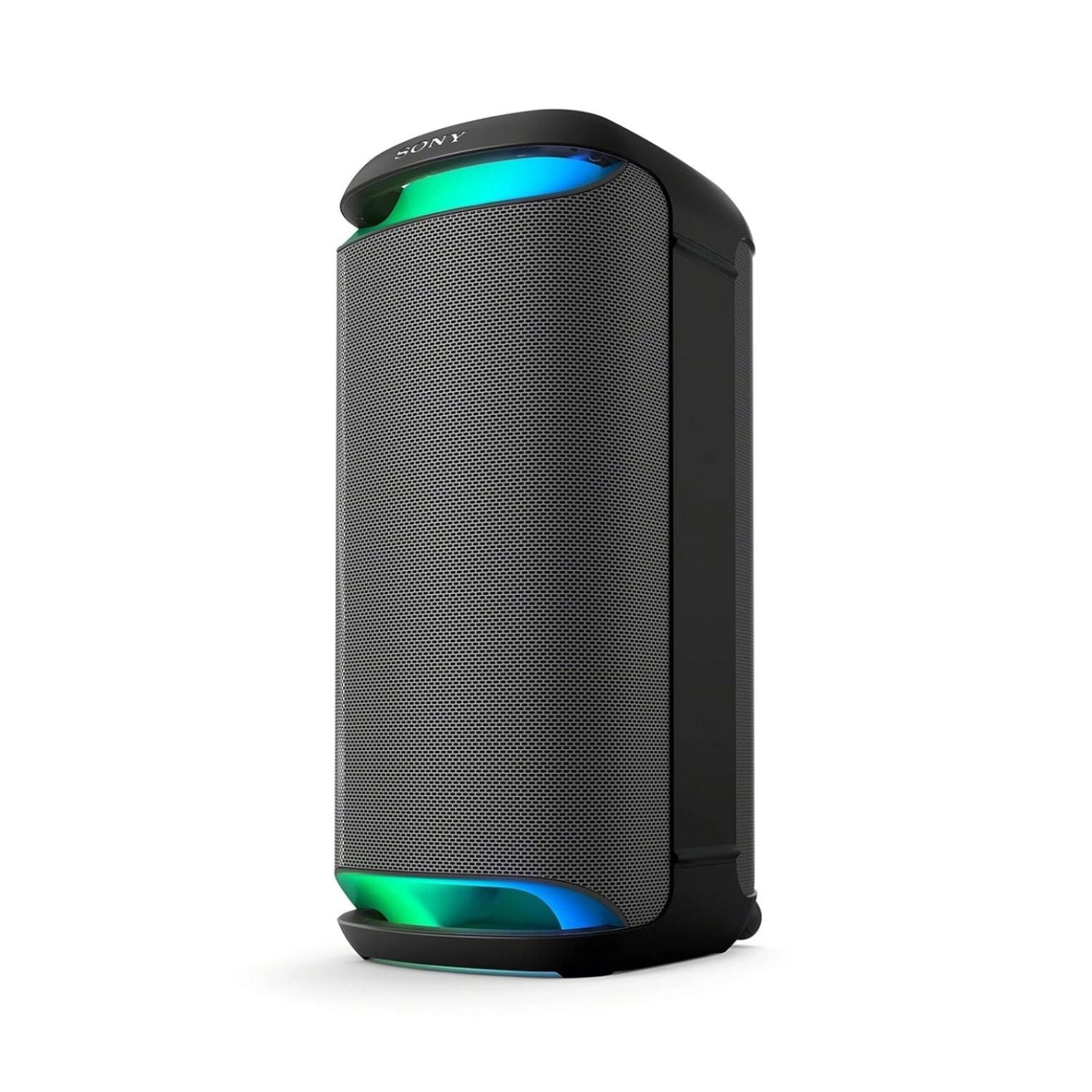 Sony portable Bluetooth party speaker, black mesh cabinet with glowing light ring