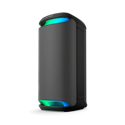 Sony portable Bluetooth party speaker, black mesh cabinet with glowing light ring