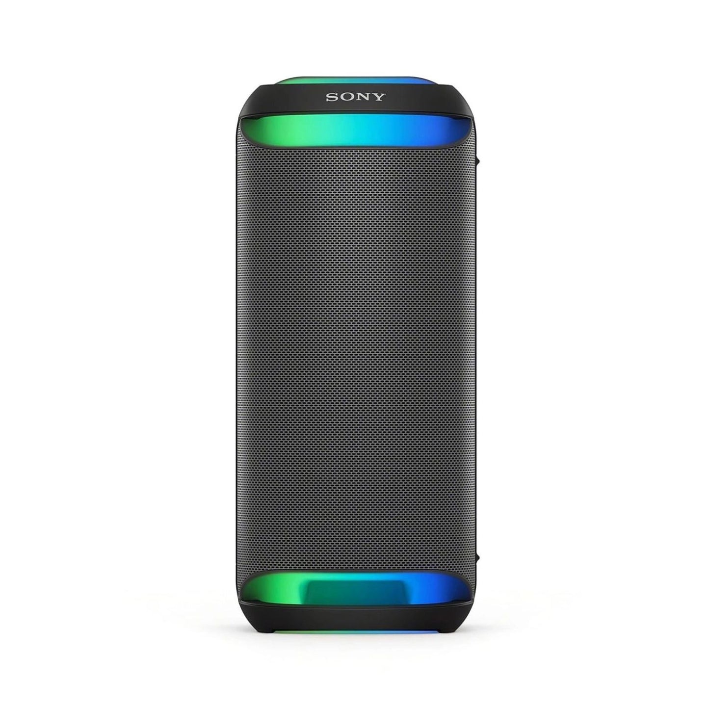 Portable Bluetooth party speaker front view, black cabinet with blue-green LED ring