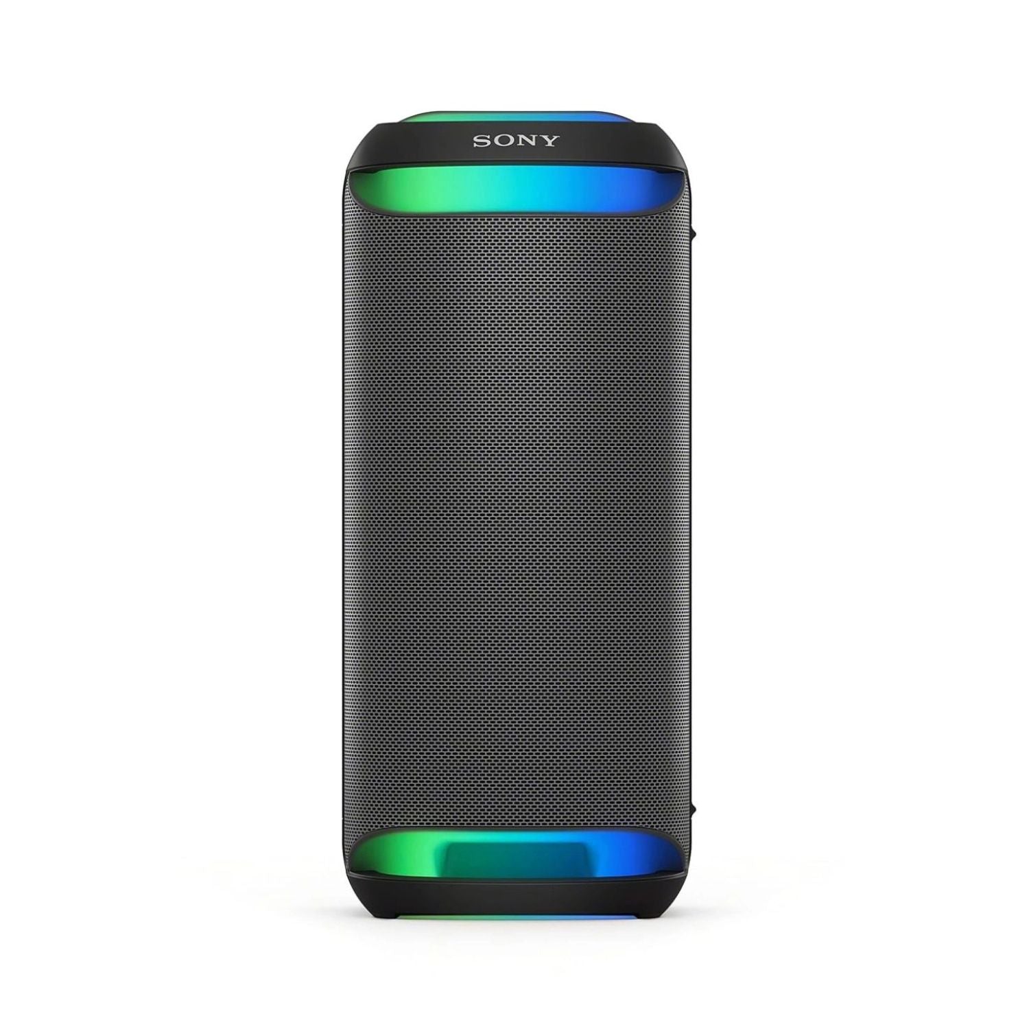 Portable Bluetooth party speaker front view, black cabinet with blue-green LED ring