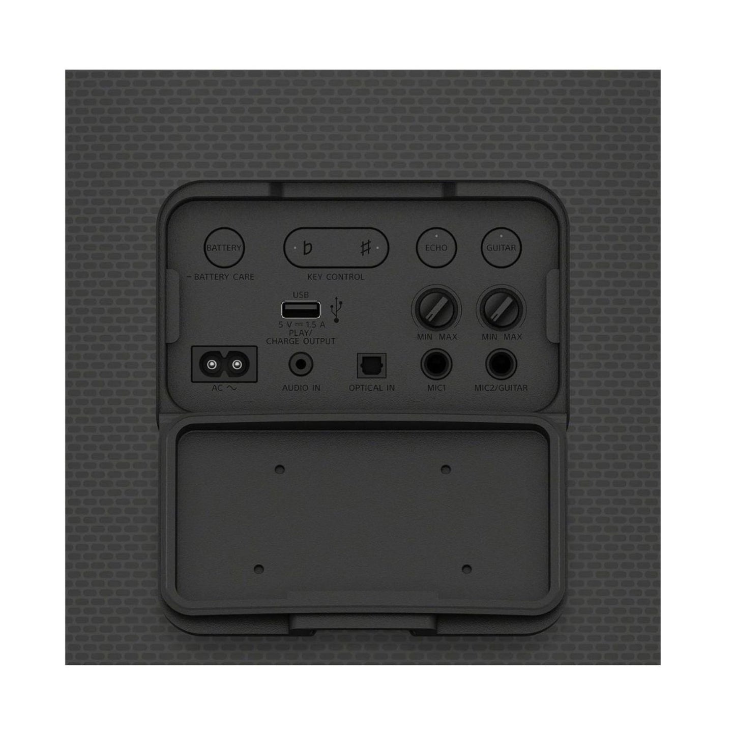 Back panel of portable Bluetooth party speaker with charge, audio, and mic input ports