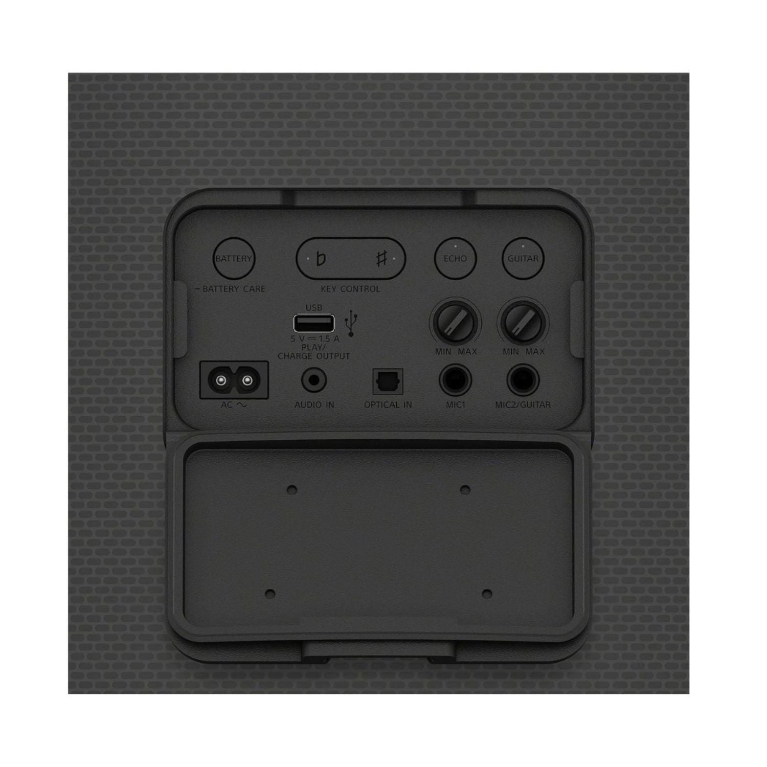 Back panel of portable Bluetooth party speaker with charge, audio, and mic input ports