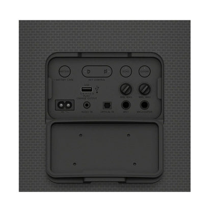 Back panel of portable Bluetooth party speaker with charge, audio, and mic input ports