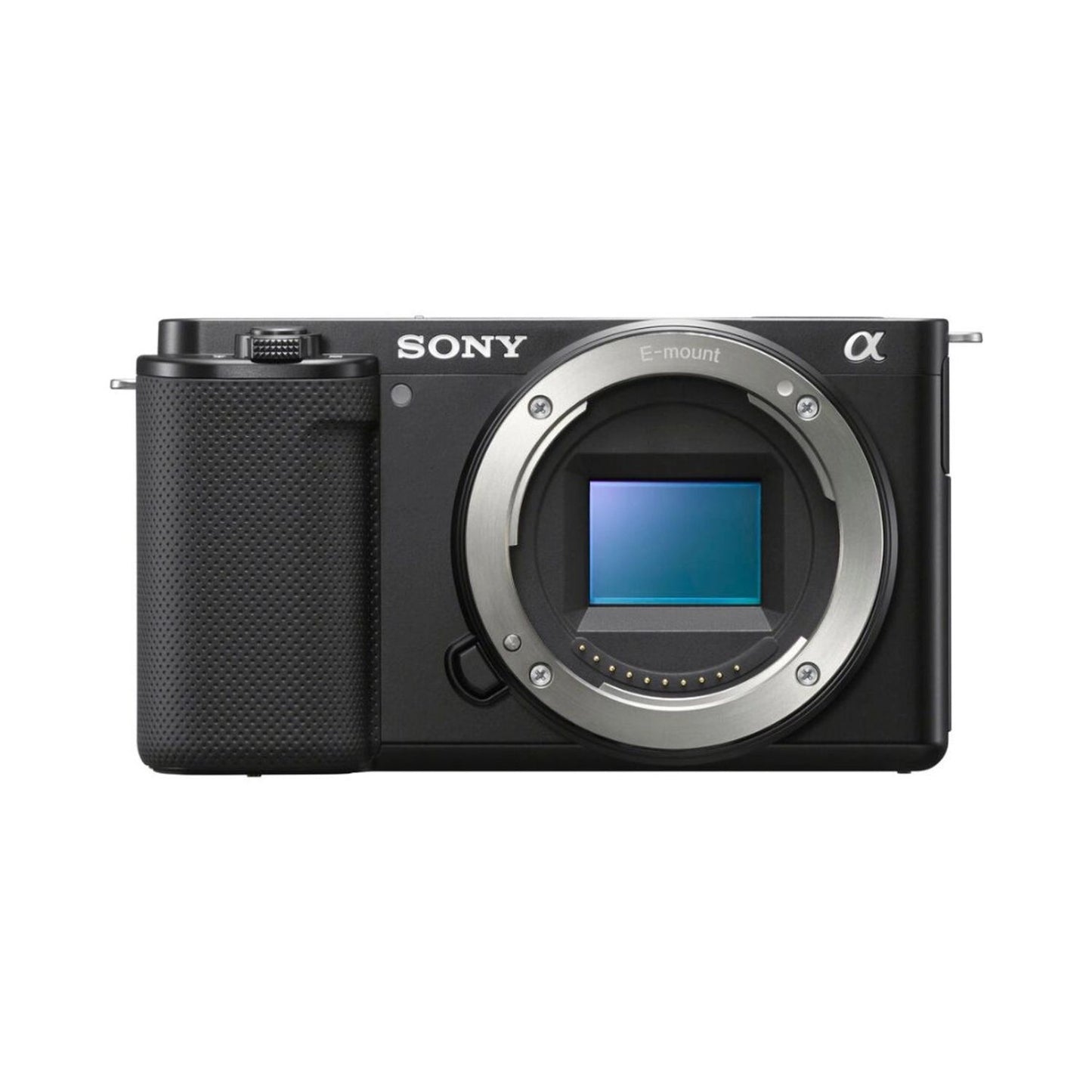 Sony ZV-E10 mirrorless camera, front view with lens and grip