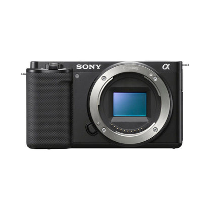 Sony ZV-E10 mirrorless camera, front view with lens and grip
