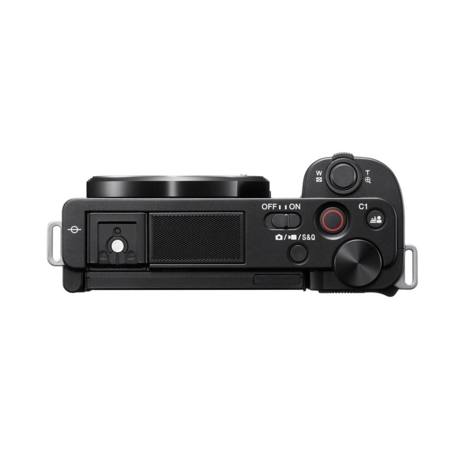 Top view of Sony ZV-E10 camera with dials, buttons, and ON/OFF switch