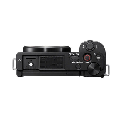 Top view of Sony ZV-E10 camera with dials, buttons, and ON/OFF switch